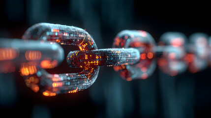A conceptual image of a blockchain security chain wih encoded links over a bacdrop of streaming digital ode.