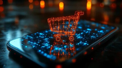 A glowing shopping cart icon displayed on a smartphone screen amidst a vibrant digital background - Powered by Adobe