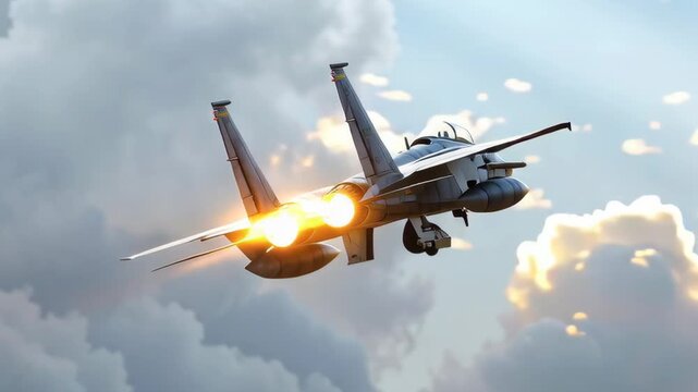 A jet is flying through the sky with its engines on fire. Concept of power and speed, as well as the excitement of flying through the air