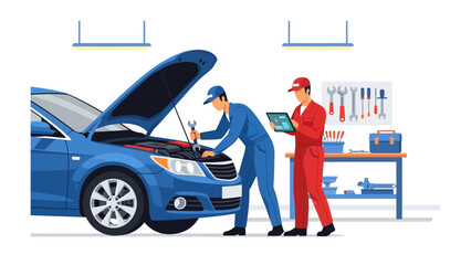 Car Repair Specialists at Work: A meticulously designed graphic depicts skilled mechanics engrossed in the car repair process within a pristine, professional auto shop.