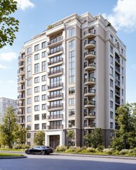 Modern residential apartment building facade in sunny city street