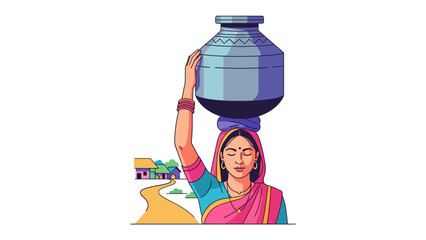 Indian Woman With Water Pot: An illustration captures an Indian woman gracefully carrying a water pot on her head, her eyes closed, embodying simplicity and cultural essence.