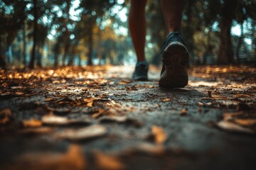 A person walking on a leaf-covered path in a serene park during autumn, surrounded by trees