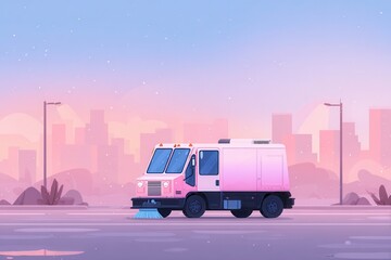 A pink street sweeper truck cleaning a city street at dawn with a pastel skyline backdrop