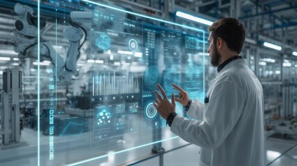 In a hightech factory setting, a male engineer engages with various digital data and advanced systems - Powered by Adobe