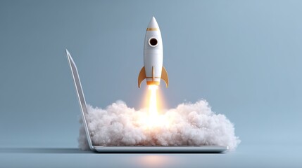 Ignite your digital journey with a rocket launching from a sleek laptop, symbolizing innovation, speed, and ambitious business growth.