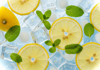 A fresh summer pattern of lemon slices mint leaves and ice cubes on a light blue background