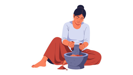 Woman Preparing Spice: A serene illustration of a woman meticulously grinding spices in a mortar and pestle, embodying the art of traditional cuisine and culinary craftsmanship.