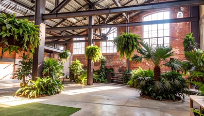 A sunlit indoor courtyard, filled with lush greenery, showcases a converted industrial space, highlighting the beauty of repurposed architecture.