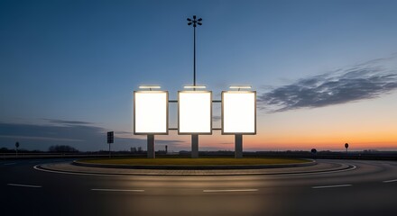 Illuminated blank billboards stand at the center of a traffic roundabout at dusk, showcasing potential advertising space.