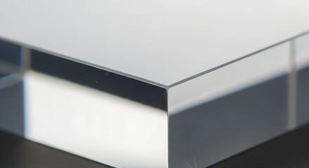 Close-up view of the sharp, clean corner of a clear acrylic block, highlighting its transparency and reflective surfaces.