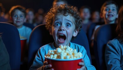 Young child with wide eyes, open mouth expresses shock, excitement holding popcorn bucket in dark movie theater. Children watch screen. Cinematic experience, entertainment, youth emotion, pure joy,