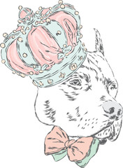 Cute puppy wearing a crown. Vector illustration for greeting card, poster, or print on clothes. Dog clothing. Fashion & Style.