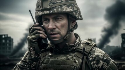 A man soldier in camouflage uniform communicates using a walkie talkie with smoke from ruins in the background footage. - Powered by Adobe