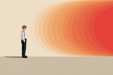 A young man in formal attire stands contemplatively against a gradient wall of warm colors