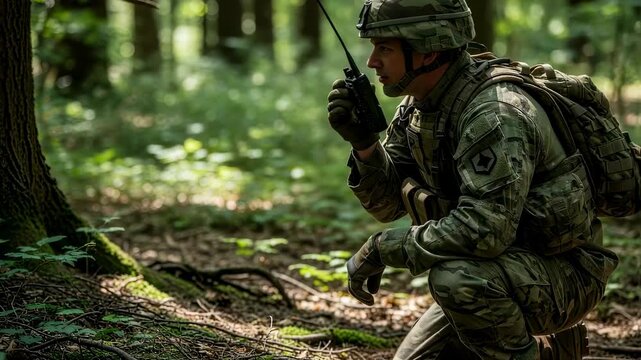 Soldier man kneeling in forest holding radio. Male person in military camouflage with backpack. Army operation footage.