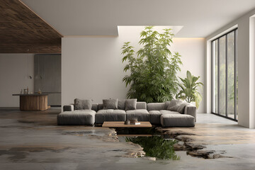 modern living room with giant marijuana weed plant and cracked stone floor