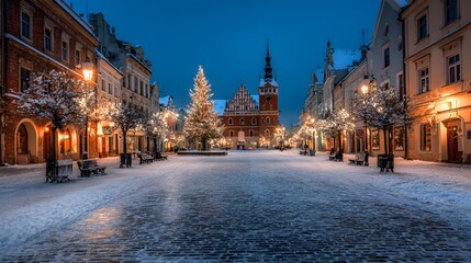 Snowy town square with Christmas tree at night