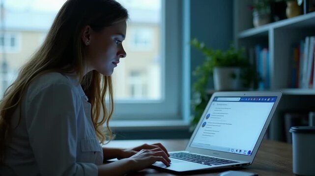 Chat Bot Chat with AI or Artificial Intelligence technology. Woman using a laptop computer chatting with an intelligent artificial intelligence asks for the answers he wants. ChatGPT for work.