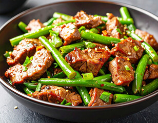Stir fried beef with green beans, macro. AI