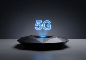 Futuristic geometric device projecting a glowing blue 5G hologram on a clean studio background