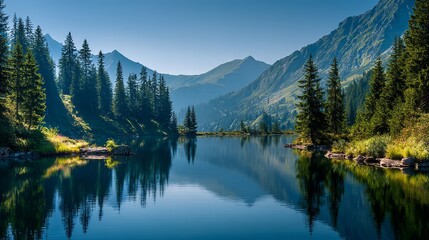 Serene alpine lake reflects majestic mountains and lush evergreen forest under a clear blue sky, perfect for nature retreats and travel inspiration.