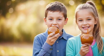 Caramel apples kids enjoy sweet treat autumn fall. Children eating caramel apples outdoors sunny day. Perfect autumn fall image for seasonal promotions and advertising.