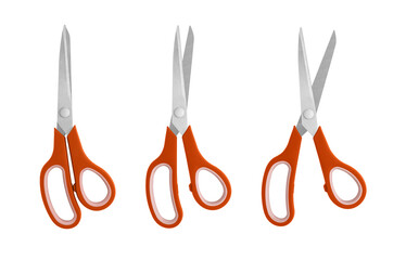 Fototapeta na wymiar A set of Orange handled scissors shown in closed, half-open, and open positions on a white background. Featuring sharp stainless steel blades and ergonomic grips, ideal for office, craft