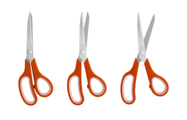 A set of Orange handled scissors shown in closed, half-open, and open positions on a white background. Featuring sharp stainless steel blades and ergonomic grips, ideal for office, craft