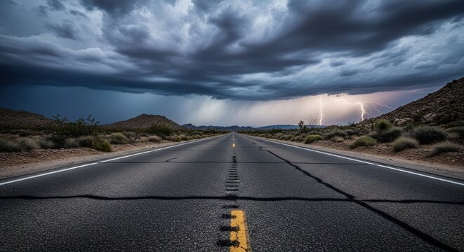 Powerful lightning strikes illuminate the desert highway under a dramatic stormy sky perfect for travel adventure and dramatic landscapes - Powered by Adobe