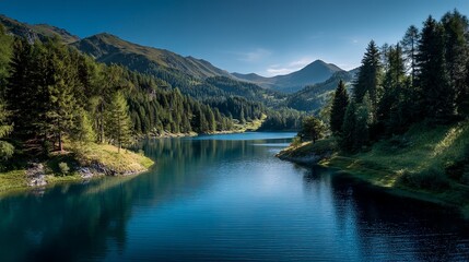 Serene alpine lake reflects majestic mountains and lush green forests under a clear blue sky, perfect for nature escape inspiration.