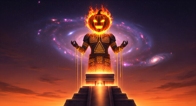 Flaming pumpkin head on an Aztec-style statue.