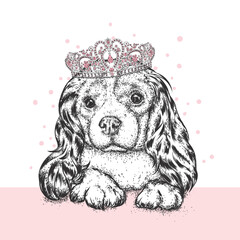 Cute dog wearing a crown. Vector illustration