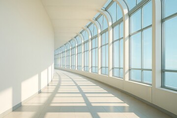 Obraz premium Bright modern corridor with large windows overlooking ocean