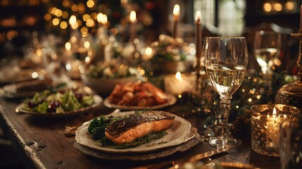 Naklejka premium Festive dinner table with salmon and wine