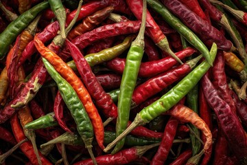Vibrant Chili Pepper Montage: Dried Red and Green Peppers Showcasing Asian Agriculture in a Colorful Culinary Background