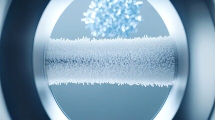 Close up macro of frost-covered valve on cryogenic chamber, futuristic quantum processor blurred in background.