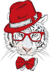 Vector tiger wearing glasses and a hat. Hipster.  Vector illustration for greeting card, poster, or print on clothes.