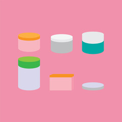 A minimalist flat design featuring a variety of colorful jars and storage containers, isolated on a pink background. Useful for food, storage, and packaging concepts,jars, containers, storage jar, col