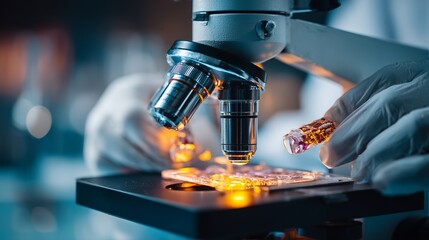 Professional scientist examining sample under advanced microscope in modern laboratory, revealing intricate details for groundbreaking research and discovery