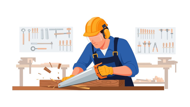 Crafting with Precision: An illustration of a focused carpenter meticulously sawing wood with a handsaw in a well-equipped workshop setting, demonstrating dedication and skill.
