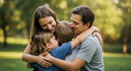 Fototapeta premium Family embracing in green natural park