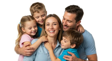 Smiling family embracing on white background