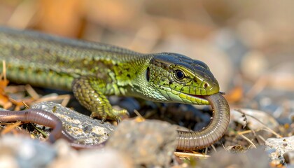 Naklejka premium European green lizard (Lacerta viridis) devouring an earthworm for sustenance