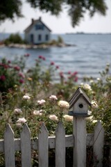A charming little cottage nestled on a tranquil island, framed by a picturesque white picket fence and vibrant rose bushes.