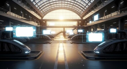 Futuristic train station interior with sleek, modern trains, bathed in sunlight.