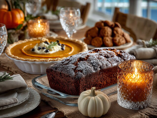 Świątecznie nakryty st&oacute;ł z jesiennymi dekoracjami i domowymi wypiekami. Na pierwszym planie ciasto, tarta dyniowa, dynia i świeca.