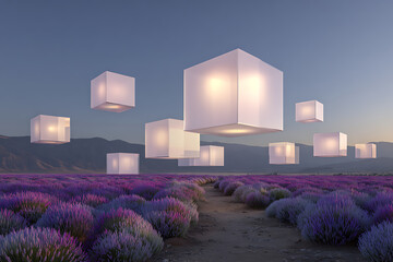 Lavender field with glowing cubes hovering above creating a magical and serene landscape at twilight