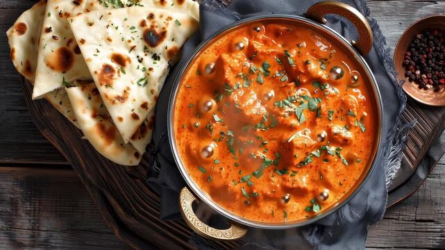 A bowl of red curry with a side of naan bread. The bowl is on a wooden table and the bread is on a wooden board. Scene is warm and inviting