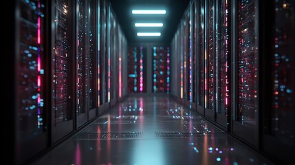 Immersive digital data center corridor with glowing server racks and futuristic blue and pink neon lights reflecting on polished floor